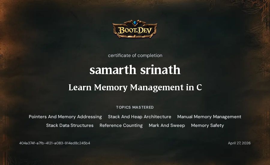 samarth srinath's Boot.dev Learn Memory Management in C certificate