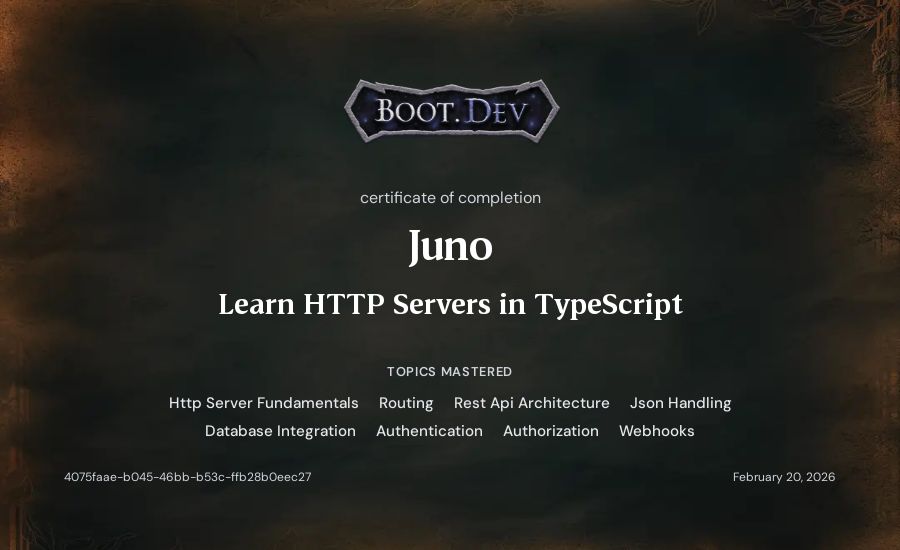 Juno's Boot.dev Learn HTTP Servers in TypeScript certificate