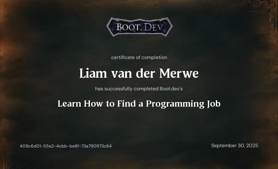Liam van der Merwe's Boot.dev Learn How to Find a Programming Job certificate