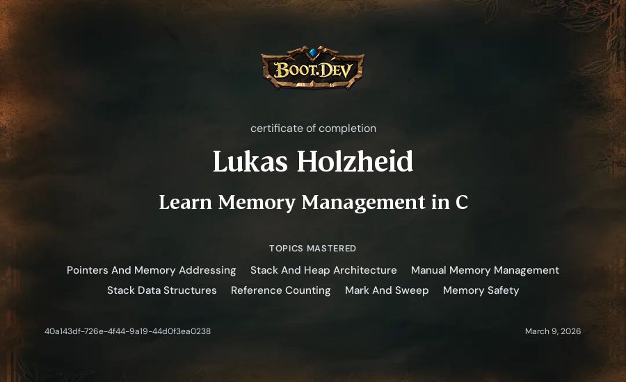 Lukas Holzheid's Boot.dev Learn Memory Management in C certificate