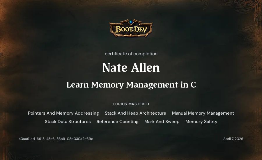 Nate Allen's Boot.dev Learn Memory Management in C certificate