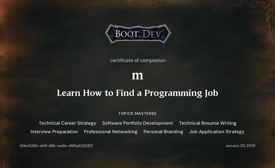 m's Boot.dev Learn How to Find a Programming Job certificate