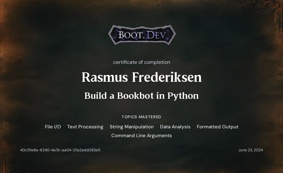 Rasmus Frederiksen's Boot.dev Build a Bookbot in Python certificate