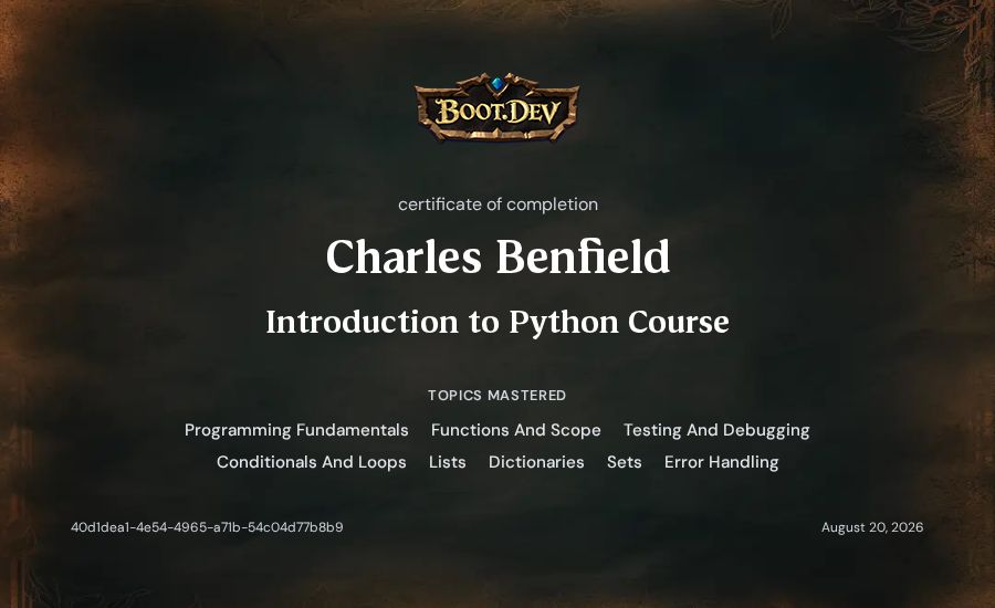 Charles Benfield's Boot.dev Introduction to Python Course certificate
