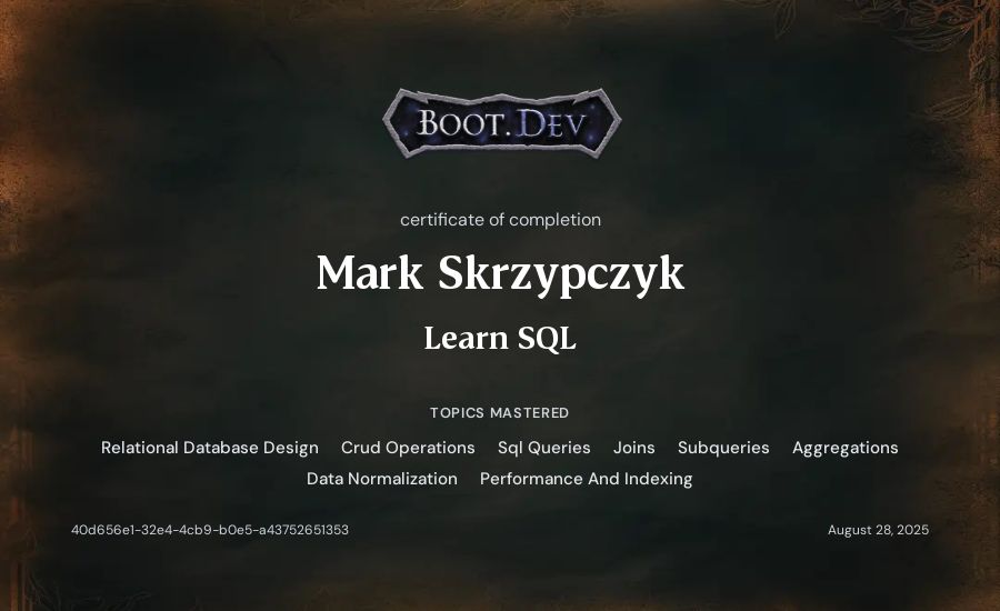 Mark Skrzypczyk's Boot.dev Learn SQL certificate