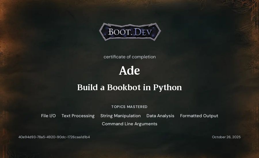 Ade's Boot.dev Build a BookBot in Python certificate