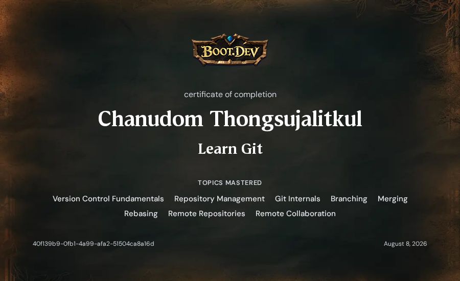 Chanudom Thongsujalitkul's Boot.dev Learn Git certificate