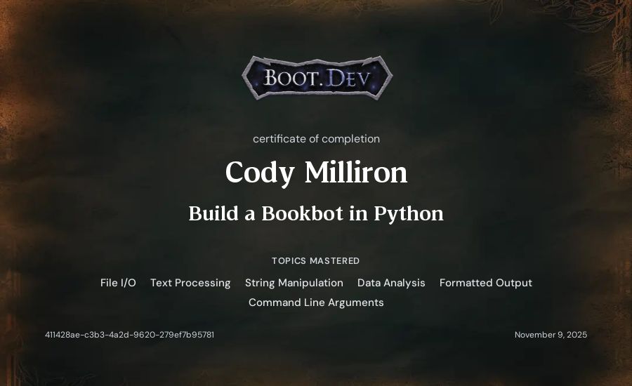 Cody Milliron's Boot.dev Build a BookBot in Python certificate