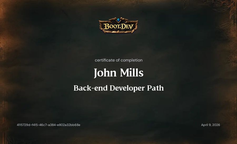 John Mills's Boot.dev Back-end Developer Path certificate
