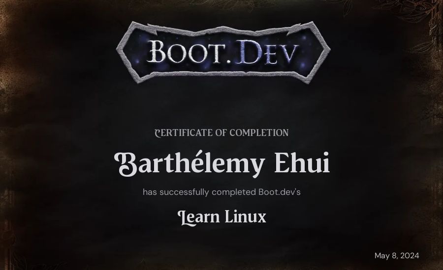 Barthélemy Ehui's Boot.dev Learn Linux certificate