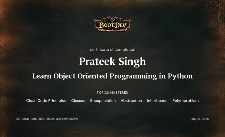 Prateek Singh's Boot.dev Learn Object Oriented Programming in Python certificate