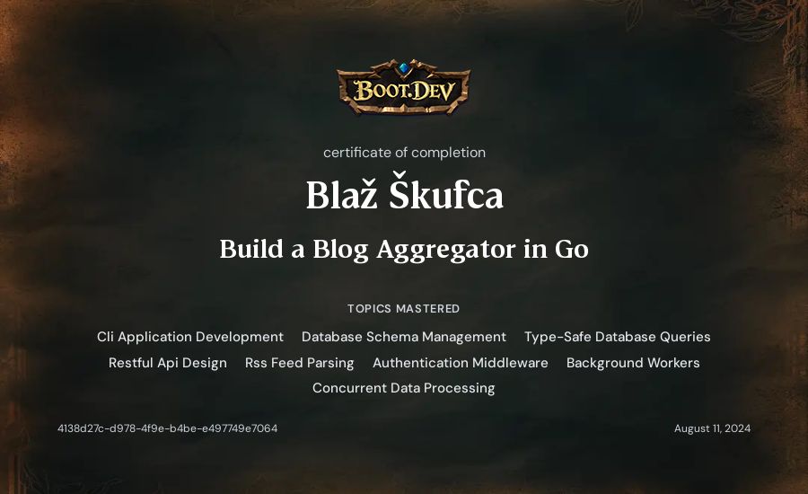 Blaž Škufca's Boot.dev Build a Blog Aggregator in Go certificate