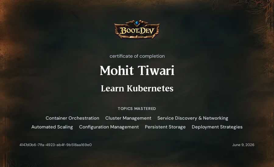 Mohit Tiwari's Boot.dev Learn Kubernetes certificate