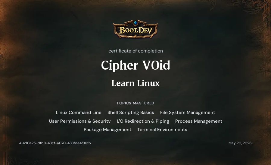 Cipher V0id's Boot.dev Learn Linux certificate