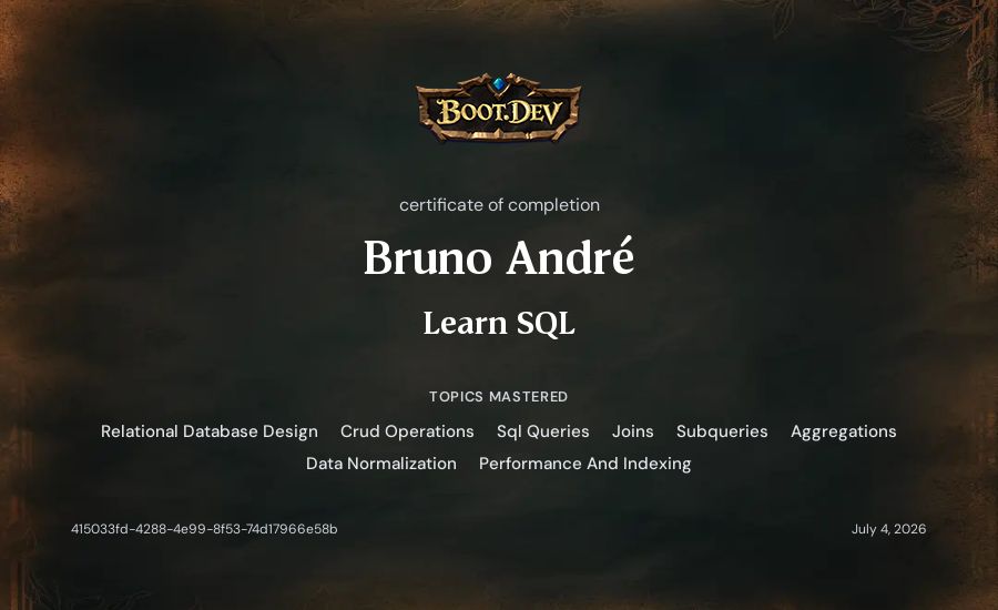 Bruno André's Boot.dev Learn SQL certificate
