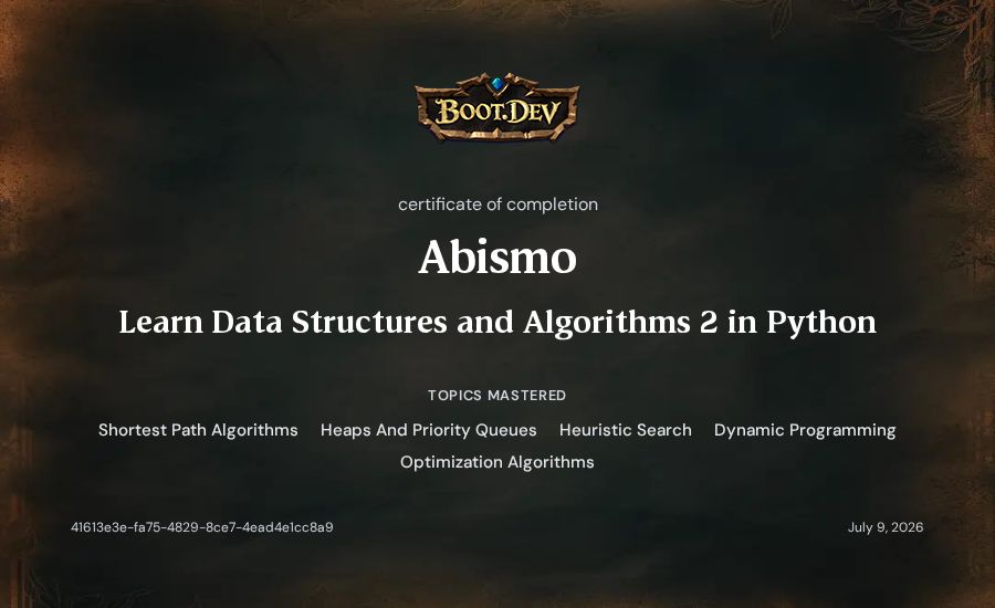Abismo's Boot.dev Learn Data Structures and Algorithms 2 in Python certificate