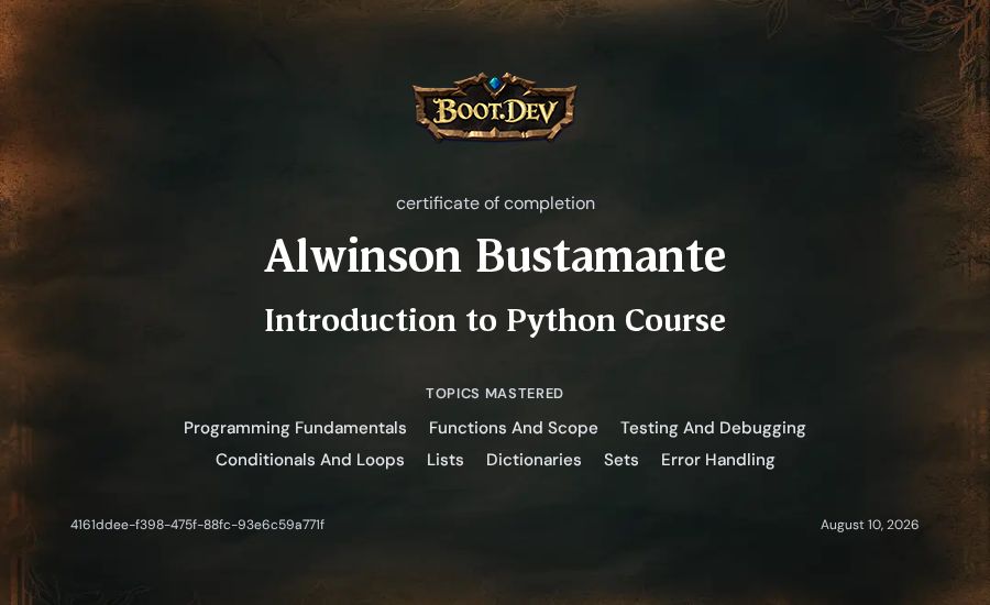 AlwinsonTGM's Boot.dev Introduction to Python Course certificate