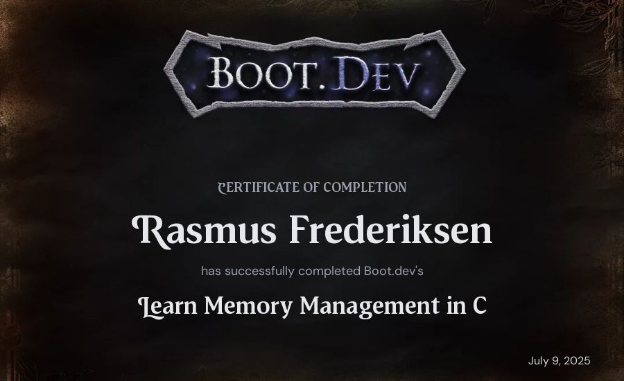 Rasmus Frederiksen's Boot.dev Learn Memory Management in C certificate