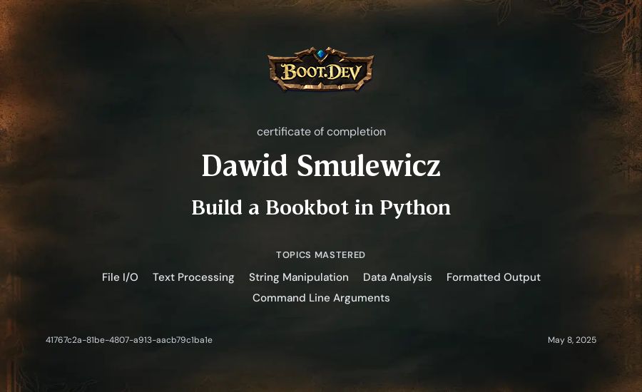 Dawid Smulewicz's Boot.dev Build a BookBot in Python certificate