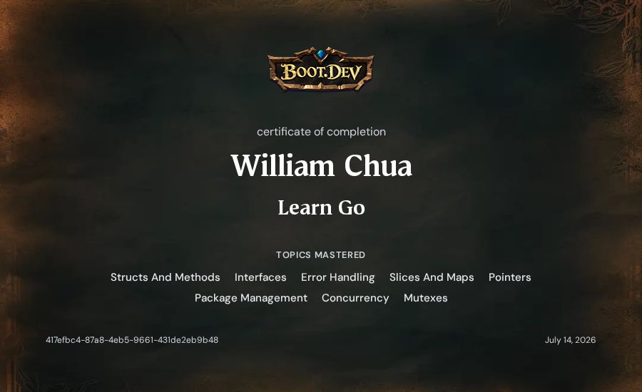 William Chua's Boot.dev Learn Go certificate