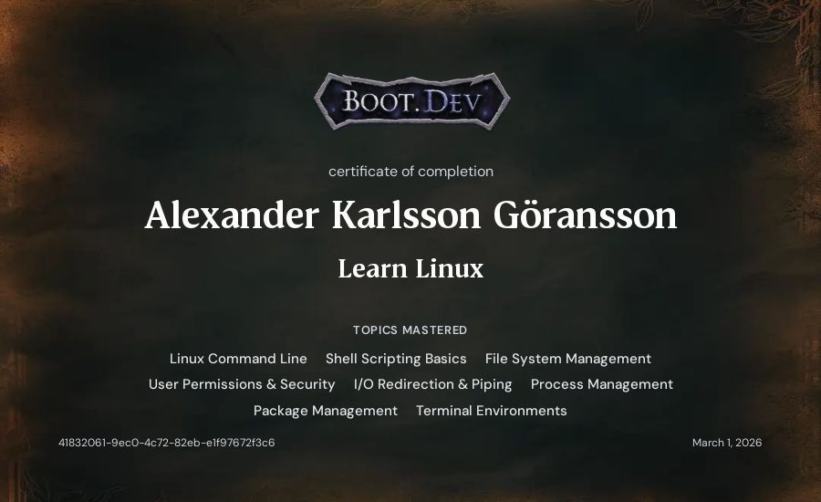 Alexander Karlsson Göransson's Boot.dev Learn Linux certificate