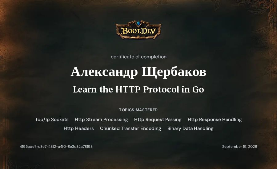 Александр Щербаков's Boot.dev Learn the HTTP Protocol in Go certificate