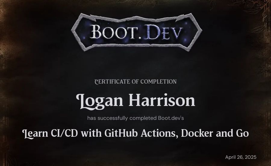 Logan Harrison's Boot.dev Learn CI/CD with GitHub Actions, Docker and Go certificate