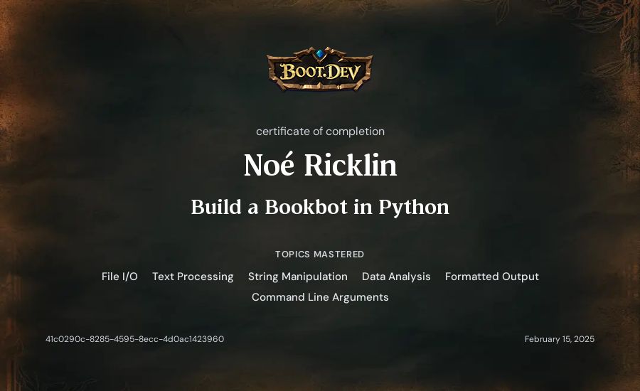 Noé Ricklin's Boot.dev Build a BookBot in Python certificate