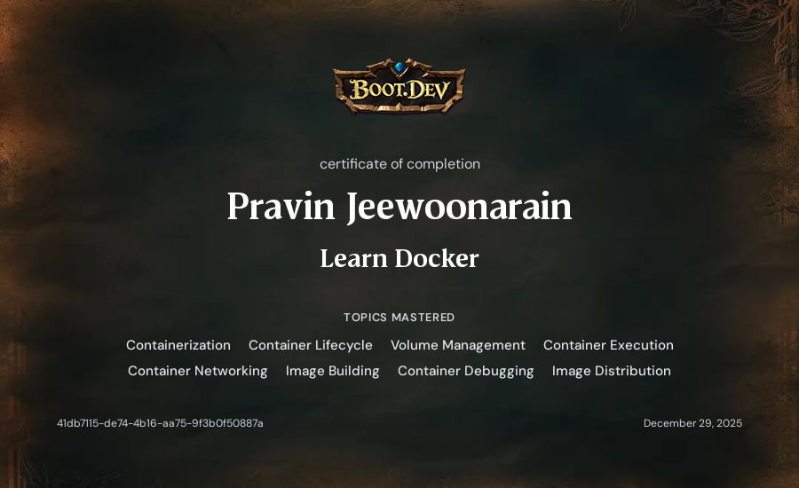Pravin Jeewoonarain's Boot.dev Learn Docker certificate