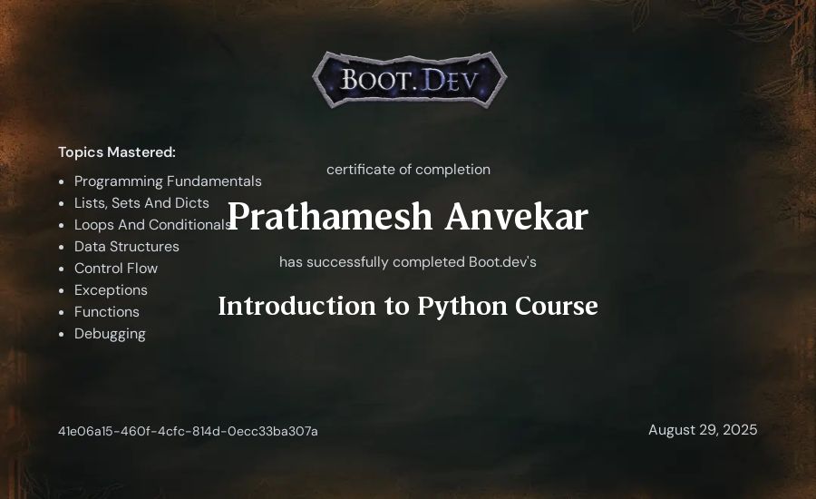 Prathamesh Anvekar's Boot.dev Introduction to Python Course certificate
