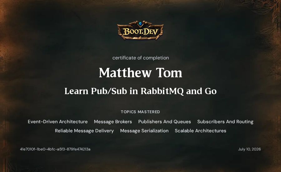 Matthew Tom's Boot.dev Learn Pub/Sub in RabbitMQ and Go certificate