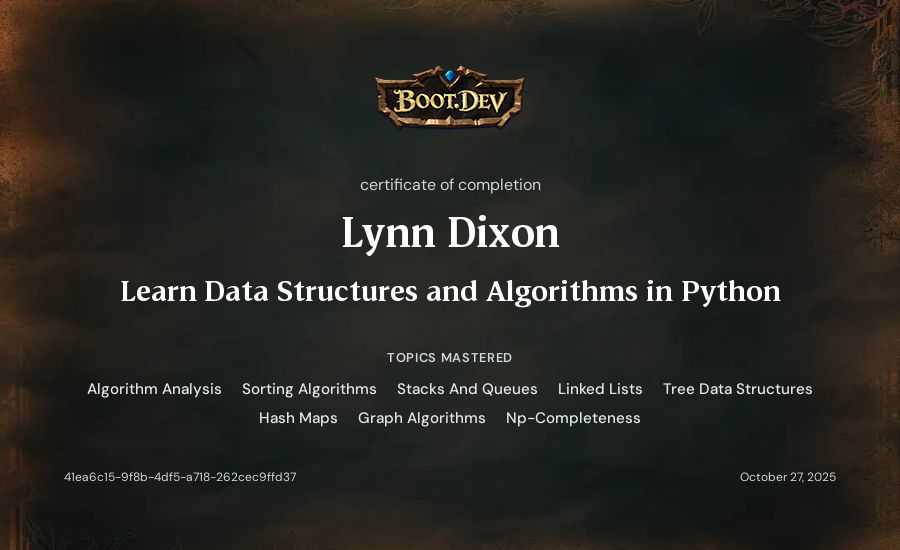 Lynn Dixon's Boot.dev Learn Data Structures and Algorithms in Python certificate