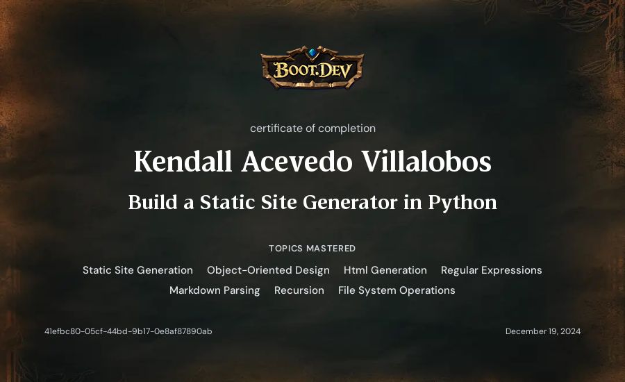 Kendall Acevedo Villalobos's Boot.dev Build a Static Site Generator in Python certificate
