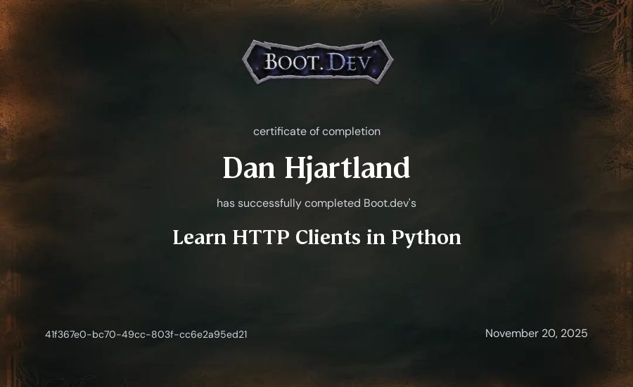 Dan Hjartland's Boot.dev Learn HTTP Clients in Python certificate