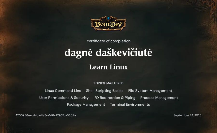 dagnė daškevičiūtė's Boot.dev Learn Linux certificate