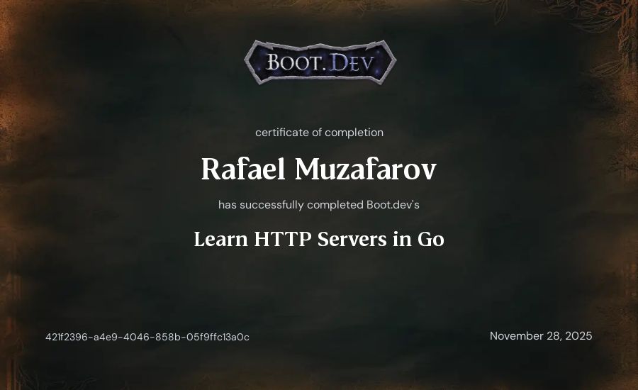 Rafael Muzafarov's Boot.dev Learn HTTP Servers in Go certificate