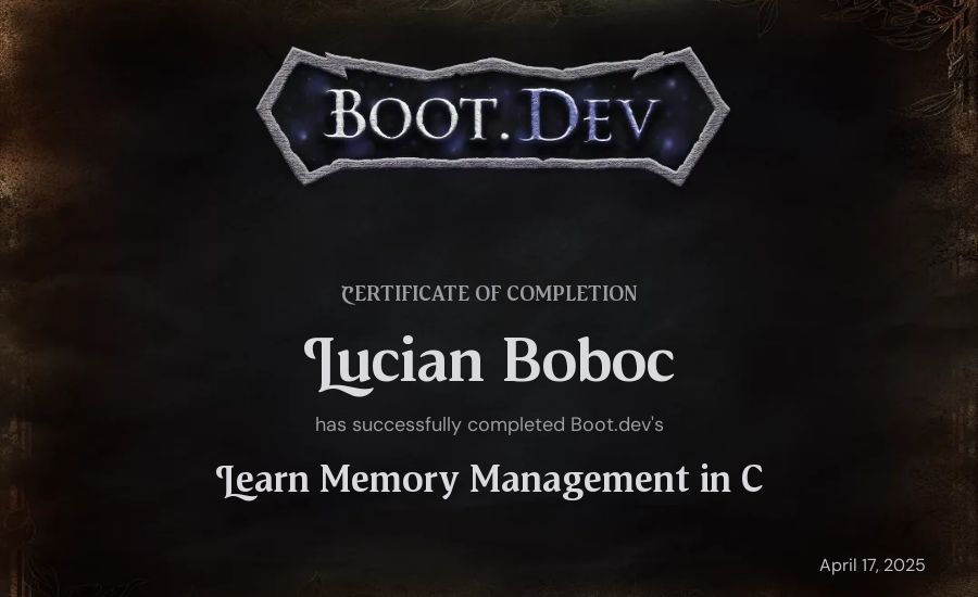 Lucian Boboc's Boot.dev Learn Memory Management in C certificate