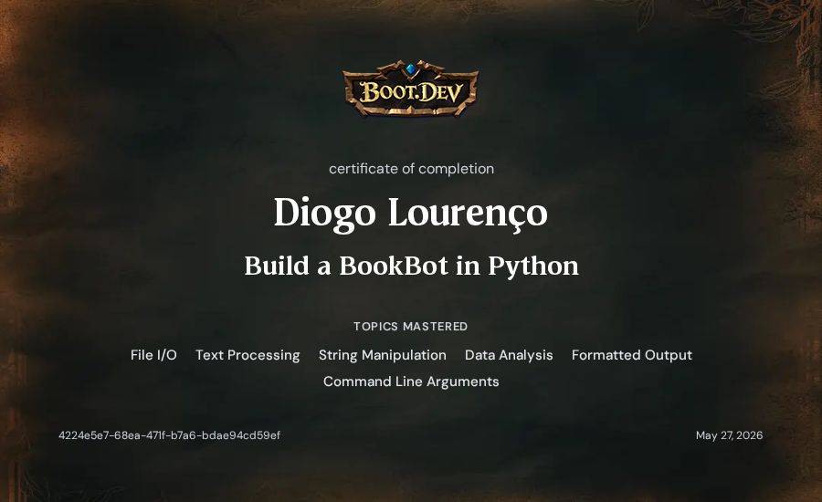 Diogo Lourenço's Boot.dev Build a BookBot in Python certificate