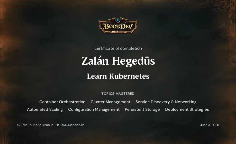 Zalán Hegedüs's Boot.dev Learn Kubernetes certificate