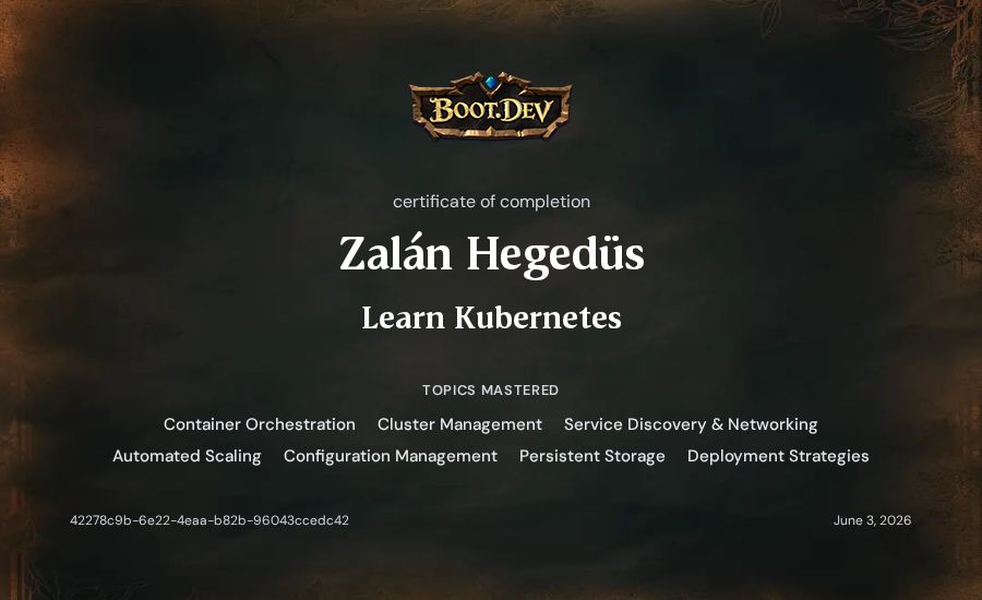 Zalán Hegedüs's Boot.dev Learn Kubernetes certificate