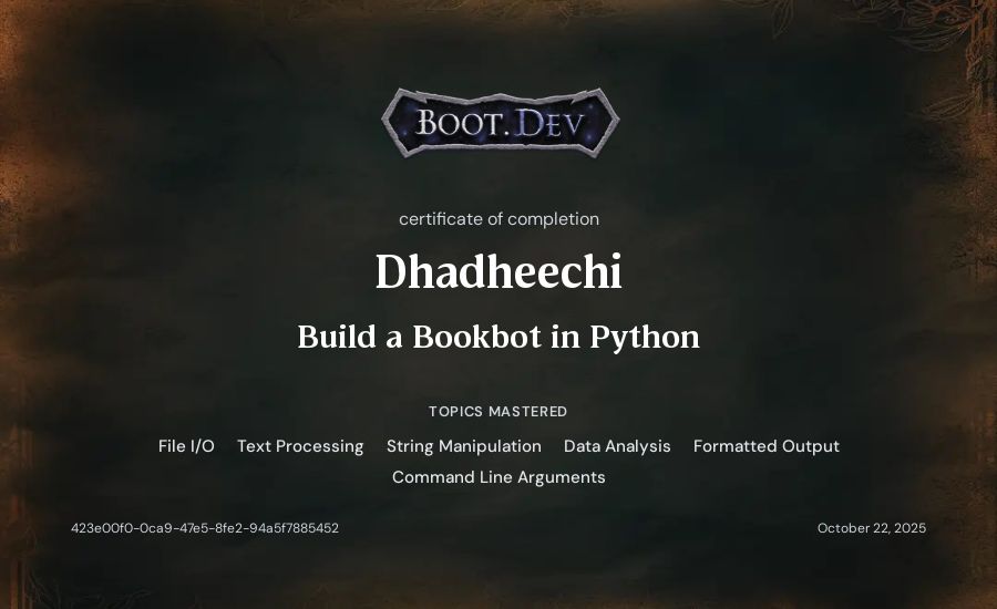 Dhadheechi's Boot.dev Build a BookBot in Python certificate