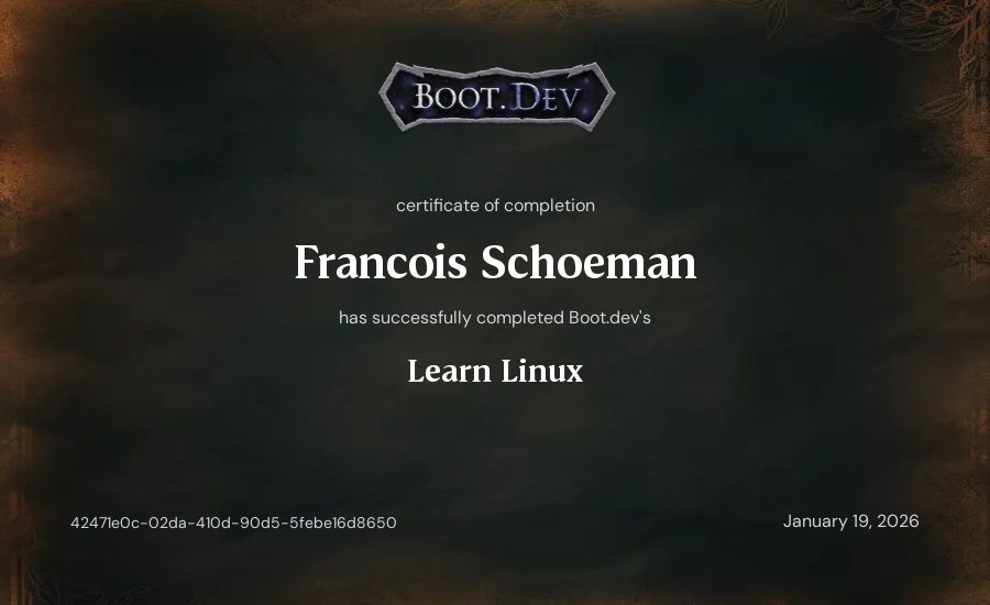 Francois Schoeman's Boot.dev Learn Linux certificate