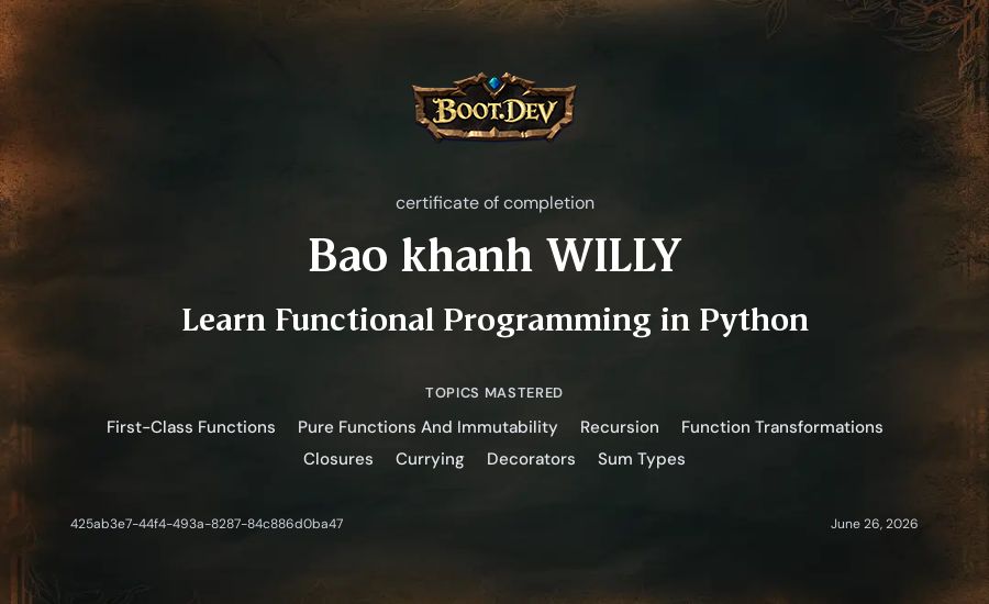 Bao Khanh's Boot.dev Learn Functional Programming in Python certificate
