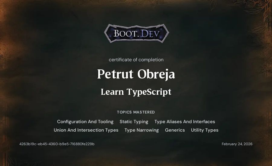 Petrut Obreja's Boot.dev Learn TypeScript certificate