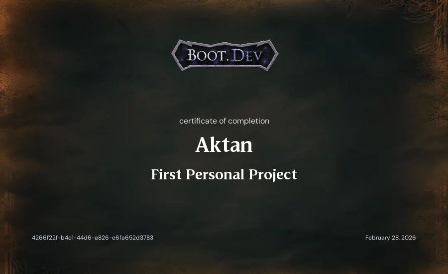 Aktan's Boot.dev First Personal Project certificate