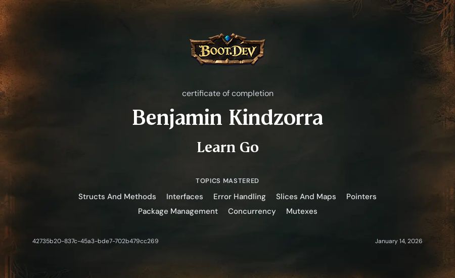 Benjamin Kindzorra's Boot.dev Learn Go certificate