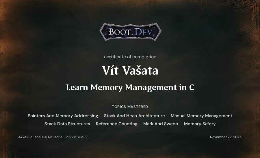Vít Vašata's Boot.dev Learn Memory Management in C certificate