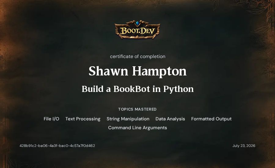 Shawn Hampton's Boot.dev Build a BookBot in Python certificate