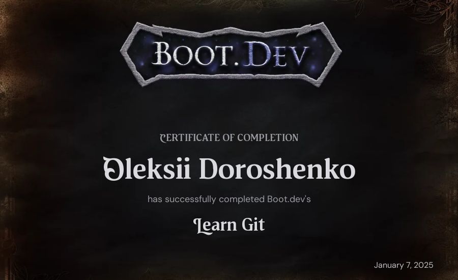 Oleksii Doroshenko's Boot.dev Learn Git certificate