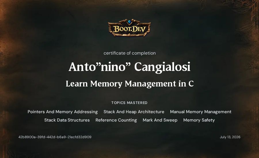 Anto"nino" Cangialosi's Boot.dev Learn Memory Management in C certificate